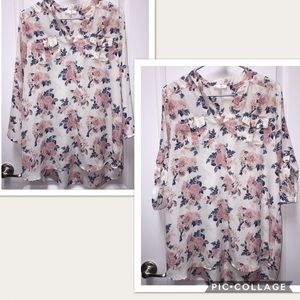 Pink collared dress shirt with pink roses